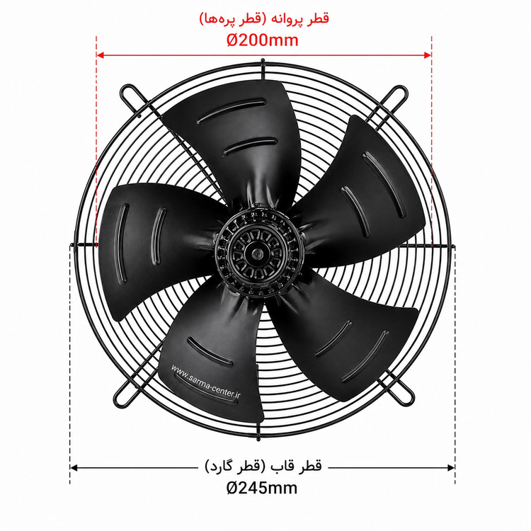 فن زیلابگ ۲۰ سانتیمتر تکفاز YWF4E-200S-92/15 مخصوص سردخانه و سیستمهای برودتی صنعتی