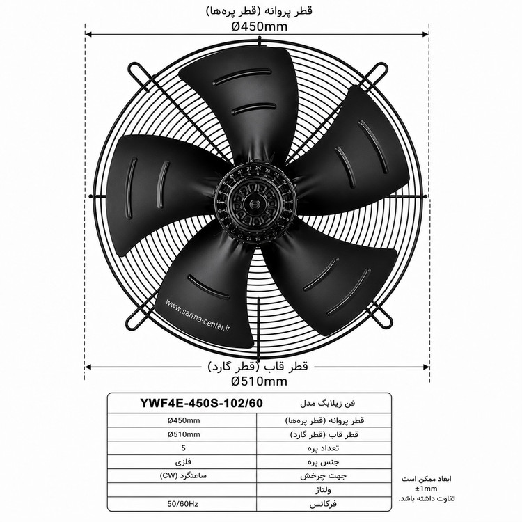 فن زیلابگ ۴۵ سانتیمتر سه فاز YWF4D-450S-102/60 مناسب سردخانه و سیستمهای برودتی صنعتی