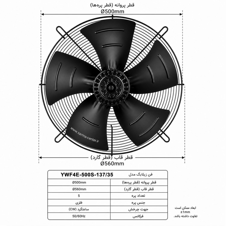 فن زیلابگ ۵۰ سانتیمتر تکفاز YWF4E-500S-137/35 مناسب سردخانه و سیستمهای برودتی صنعتی