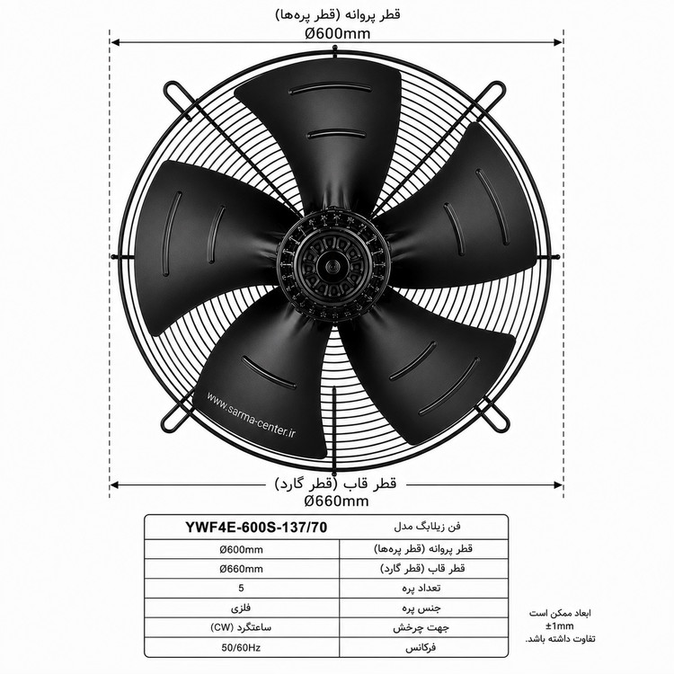 فن زیلابگ ۶۰ سانتیمتر تکفاز مدل YWF4E-600S-137/70 با موتور قدرتمند، پروانه فلزی بالانسشده و پرتاب باد قوی مناسب سردخانههای صنعتی